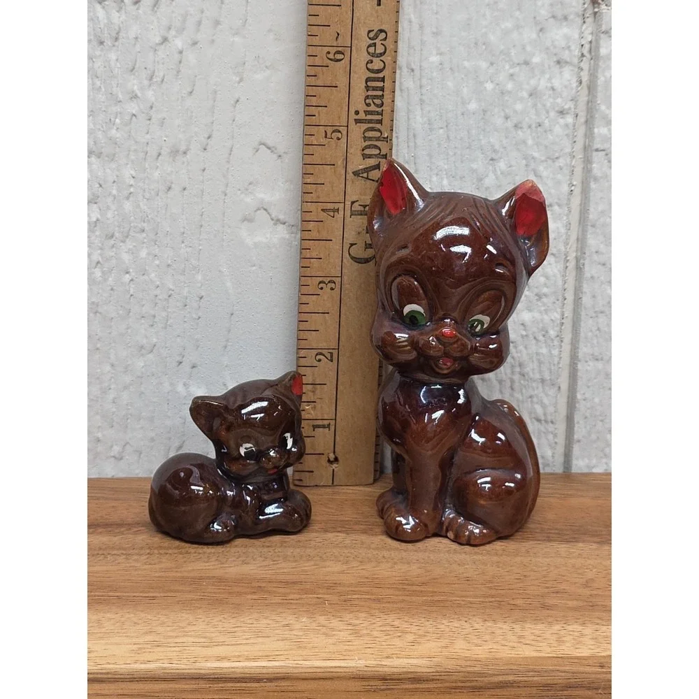 VTG - Red Clay Brown Glazed Mama Cat & Kitten Duo- Japan - VGC